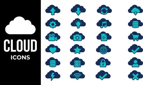 Collection of Cloud Icons Representing Various Digital Services and Concepts. Иллюстрация