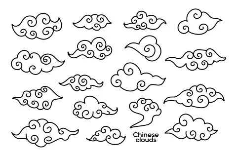 Collection of clouds in Chinese style. Linear doodle vector illustration. Stock Illustration