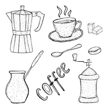 Collection of coffee sketch tool, hand drawing, vintage style. vector Illustrazione stock