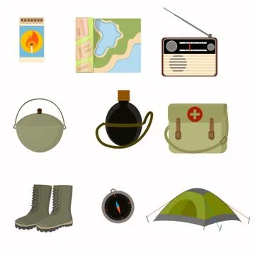 Collection of collected sets for camping tent boots, compass matches, first-aid Stock Illustration