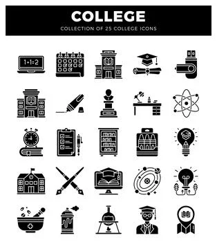 Collection of college icons featuring educational symbols on a white backgr.. Stock Illustration