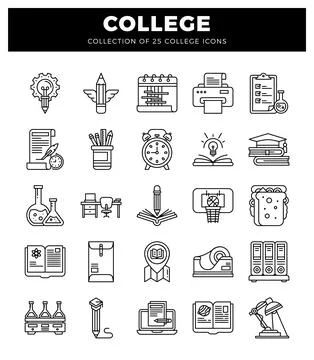 Collection of college icons in a grid layout on a white background Illustrazione stock