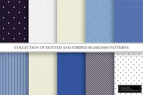 Collection of color delicate patterns. Simple dotted and striped textures - Illustrazione stock