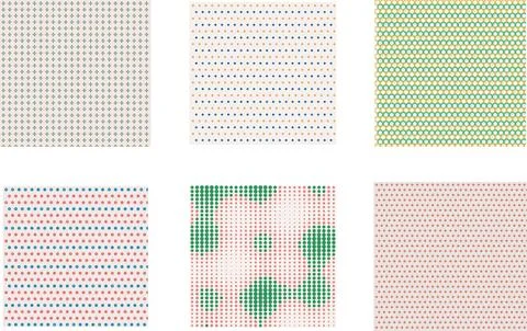Collection of color patterns featuring various dot designs including circle.. Иллюстрация