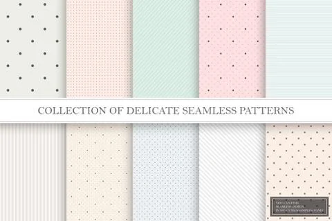 Collection of color repeatable delicate patterns. Dotted, striped tileable Иллюстрация