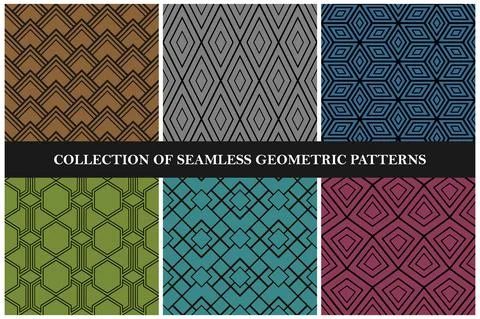 Collection of color seamless geometric patterns. Retro design - repeatable Stock Illustration