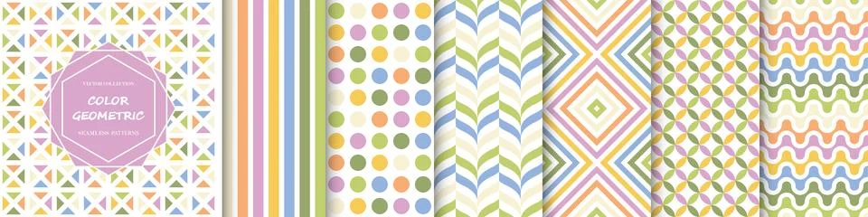 Collection of color seamless geometric patterns. Abstract bright backgrounds Stock Illustration