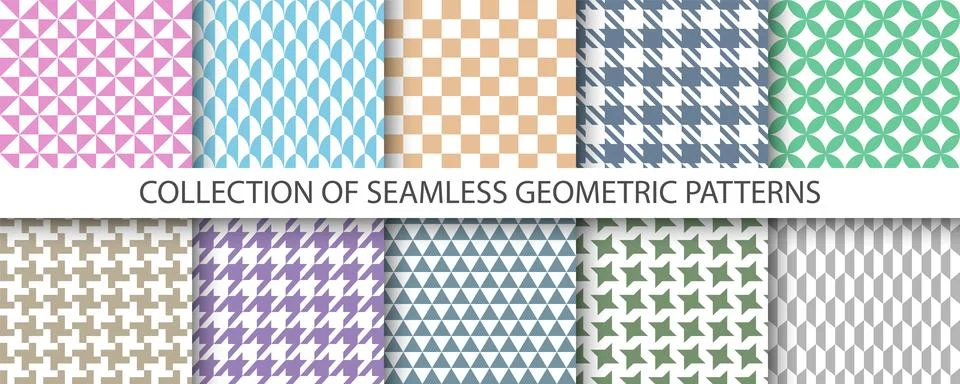 Collection of color textile seamless patterns - mosaic geometric design. Vector Stock Illustration