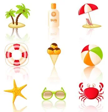 Collection of colored beach icons. 스톡 일러스트