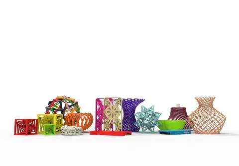Collection of colored complex typical 3D print products Stock Illustration
