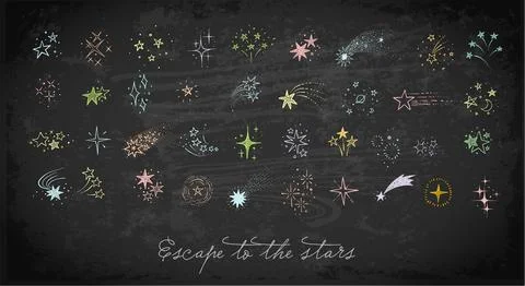 Collection of colored doodle star clasters and constellations on blackboard Illustrazione stock