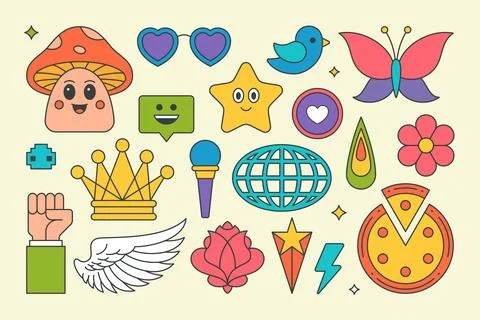 Collection colored elements summer design pop art groovy style vector carto.. Illustrazione stock