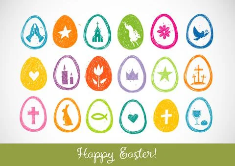Collection of colored hand drawn easter doodles. Easter symbols in eggs on white Illustrazione stock