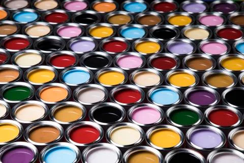 Collection of colored paints cans Free Stock Photos