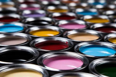 Collection of colored paints cans Free Stock Photos