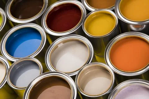 Collection of colored paints cans Stock Photos