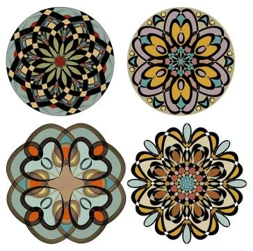 Collection of colored rosettes in nostalgic color art deco style. Symmetric g Stock Illustration