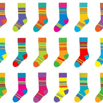 Collection of colored socks with stripes. Seamless pattern of socks in row Stock Illustration