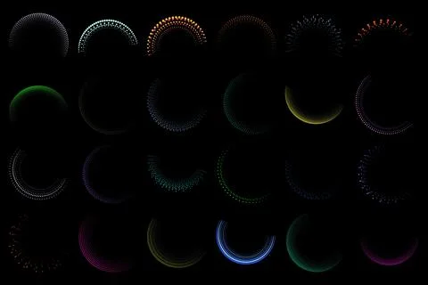 Collection of colorful abstract dot patterns in various shapes and arrangem.. Ilustración de archivo