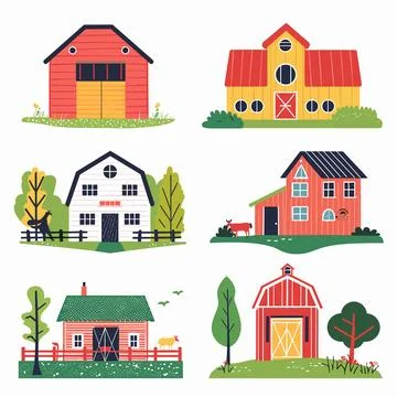 Collection colorful barn illustrations, set rural landscape trees shrubbery Stock Illustration
