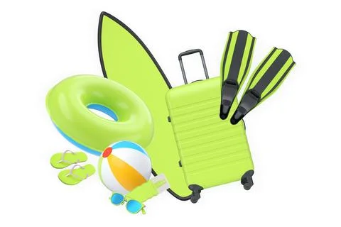 Collection of colorful beach vacation items including suitcase, surfboard, an Stock Illustration