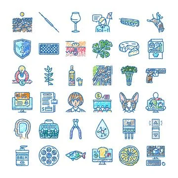 Collection colorful conceptual objects characters symbols lifestyle hobby Stock Illustration