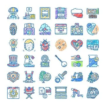 Collection of colorful doodle sketched vector icons Stock Illustration