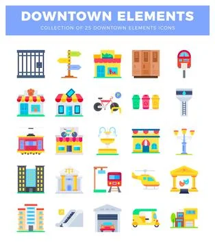 Collection of colorful downtown elements icons on white Illustrazione stock