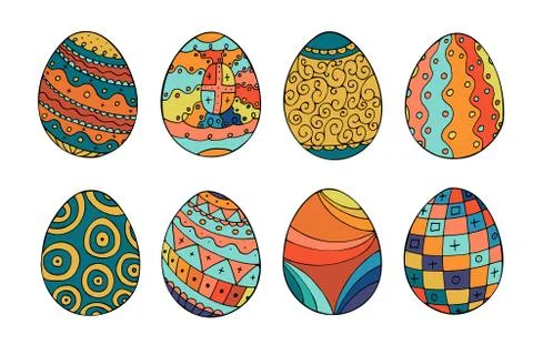 Collection of colorful easter eggs in doodle style. Hand drawn Stock Illustration