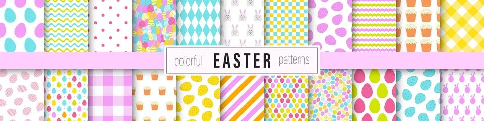 Collection of colorful Easter seamless patterns. Holiday repeatable cute Stock Illustration