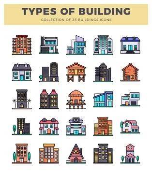 A collection of colorful. flat design building icons on a white background Ilustración de archivo