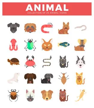 A collection of colorful. flat vector animal icons on a white background. Stock Illustration