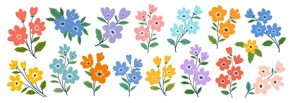 Collection of colorful flower elements vector. Set floral bouquet of wildfl.. 库存插图