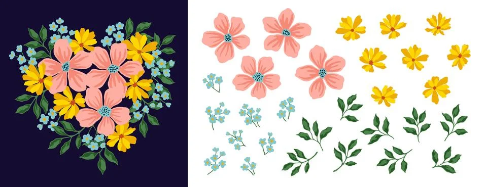 Collection of colorful flower elements vector. Set floral bouquet of wildflow Stockillustratie