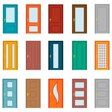 Collection of colorful front and interior doors icon set isolated on white Stock Illustration