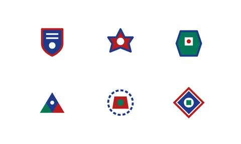 Collection of colorful geometric icons including star shield triangle hexag.. 스톡 일러스트