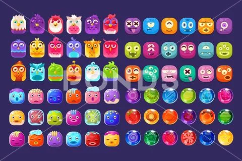Collection of colorful glossy figures of different shapes, user interface assets Stock Illustration