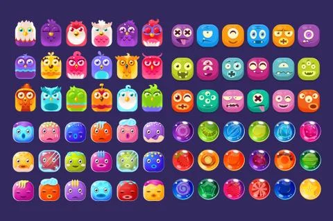Collection of colorful glossy figures of different shapes, user interface assets 스톡 일러스트