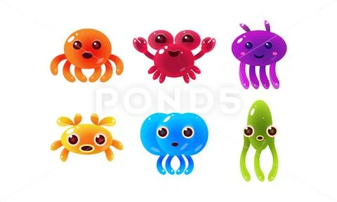 Collection of colorful glossy sea creatures, cute marine animal characters Stock Illustration