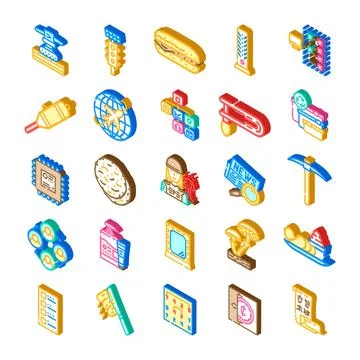 Collection colorful isometric icons objects different themes Ilustração Stock
