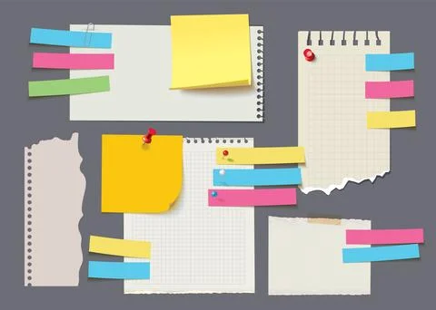 Collection of colorful paper notes and memo sheets with pins, tape, and pap.. Illustrazione stock
