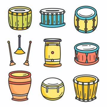 Collection colorful percussion instruments including drums, bongos, drumsticks Illustrazione stock