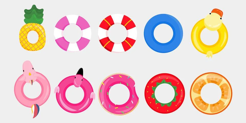 Collection of Colorful Pool Floaties for Summer Vibes and Beach Fun flamingo Stock Illustration