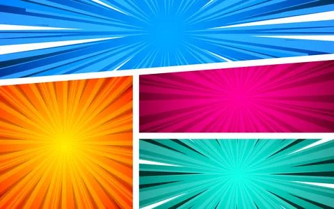 A collection of colorful radial lines from comic books. Cartoon comic backg.. Stock Illustration