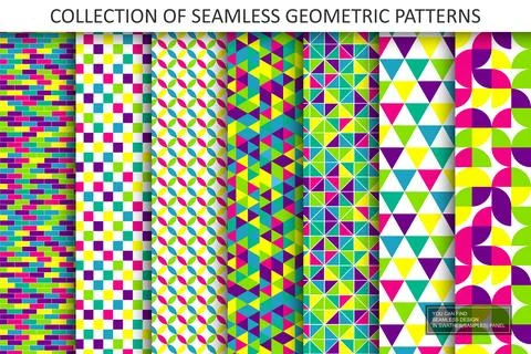 Collection of colorful repeatable geometric patterns. Bright abstract fashion イラスト素材