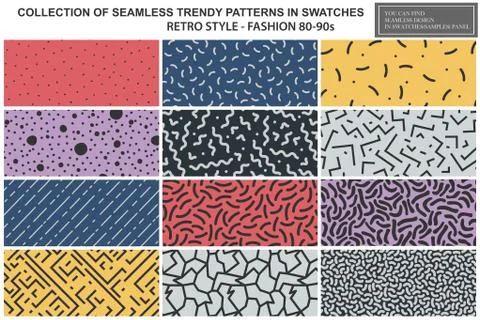 Collection of colorful repeatable trendy patterns. Retro style - fashion 80-90s Stock Illustration