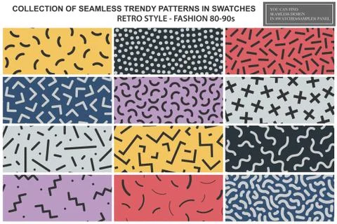 Collection of colorful repeatable trendy patterns. Retro style - fashion 80-90s Stock Illustration