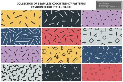 Collection of colorful repeatable trendy patterns. Retro style - fashion 80-90s Stock Illustration