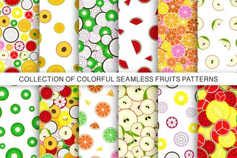 Collection of colorful seamless fruits patterns. Bright creative backgrounds Illustrazione stock