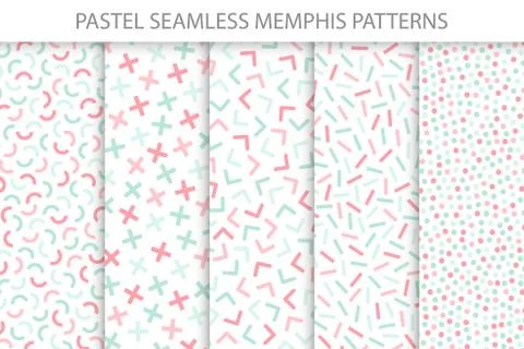 Collection of colorful seamless memphis patterns. Soft colors - delicate design. 库存插图